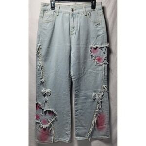 XXL Light Wash Distressed Denim Jeans Pink Spray Paint Detail Wide Leg Pants